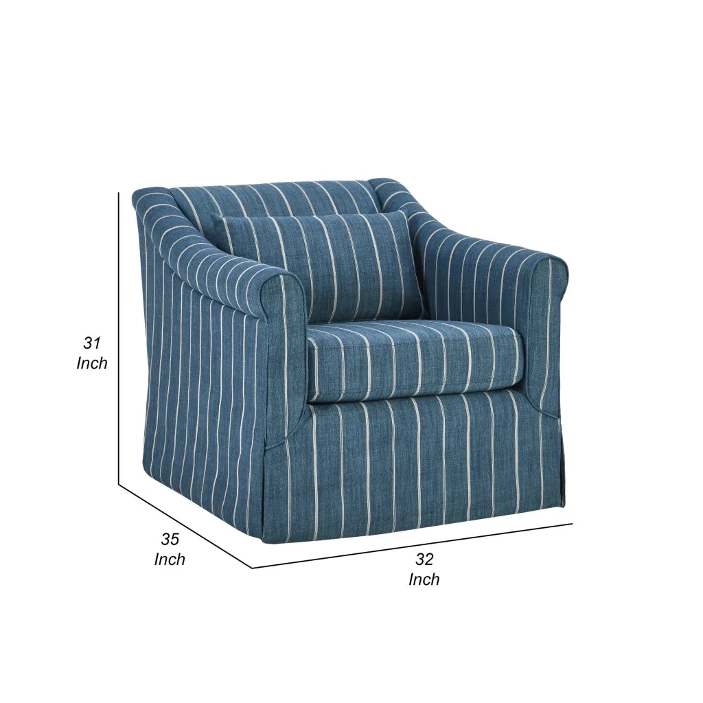 19 Inch Swivel Accent Chair, Rolled Armrests, Denim Blue and Beige Stripes By Casagear Home