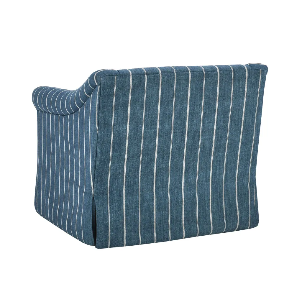 19 Inch Swivel Accent Chair, Rolled Armrests, Denim Blue and Beige Stripes By Casagear Home