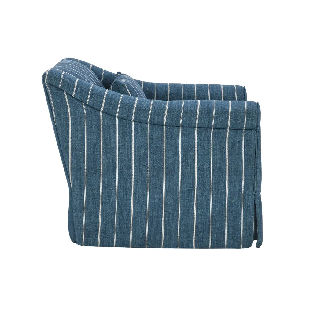 19 Inch Swivel Accent Chair, Rolled Armrests, Denim Blue and Beige Stripes By Casagear Home