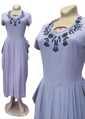 1940s Vintage Lilac Cocktail Dress with Black Bead Decorations