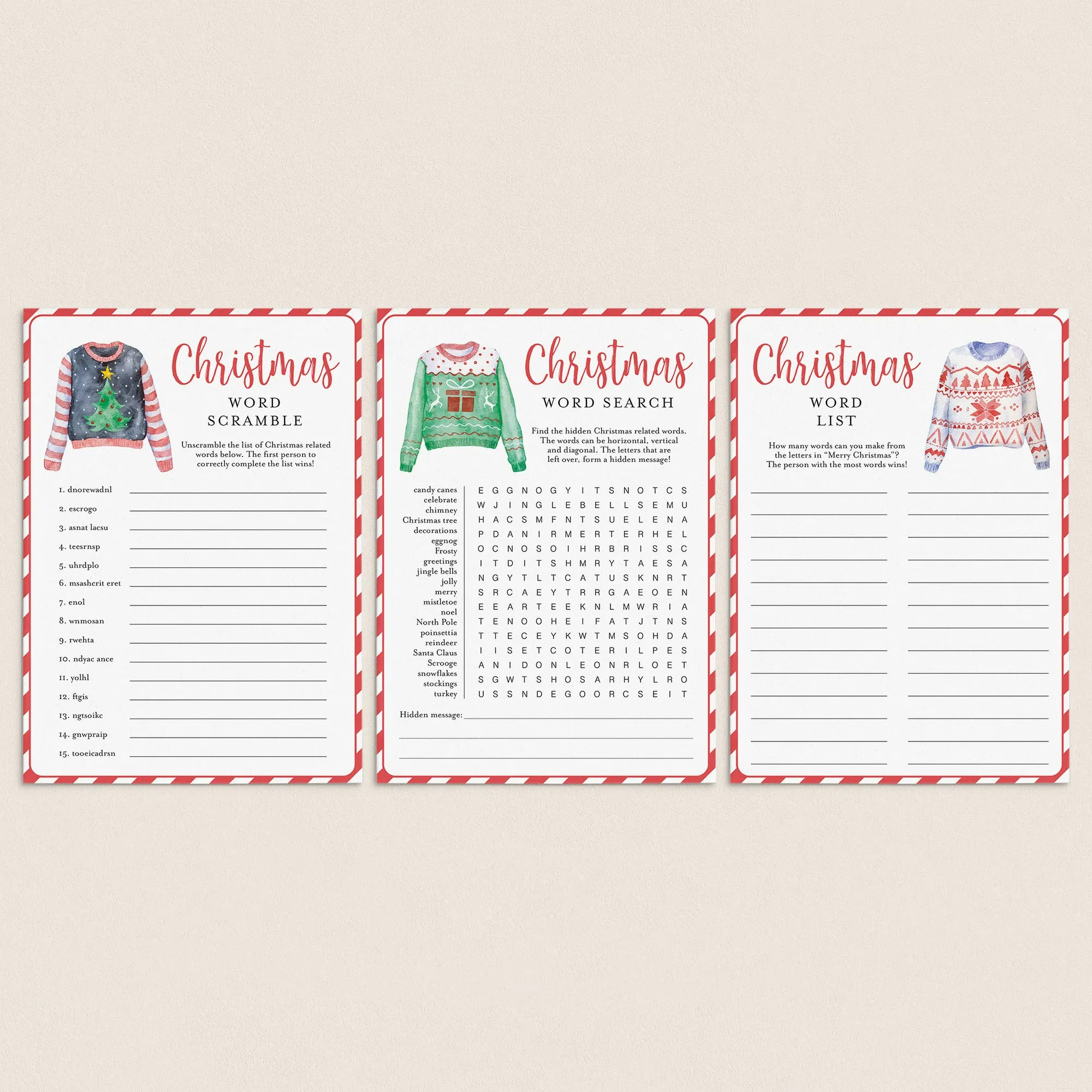 3 Christmas Word Puzzles Printable