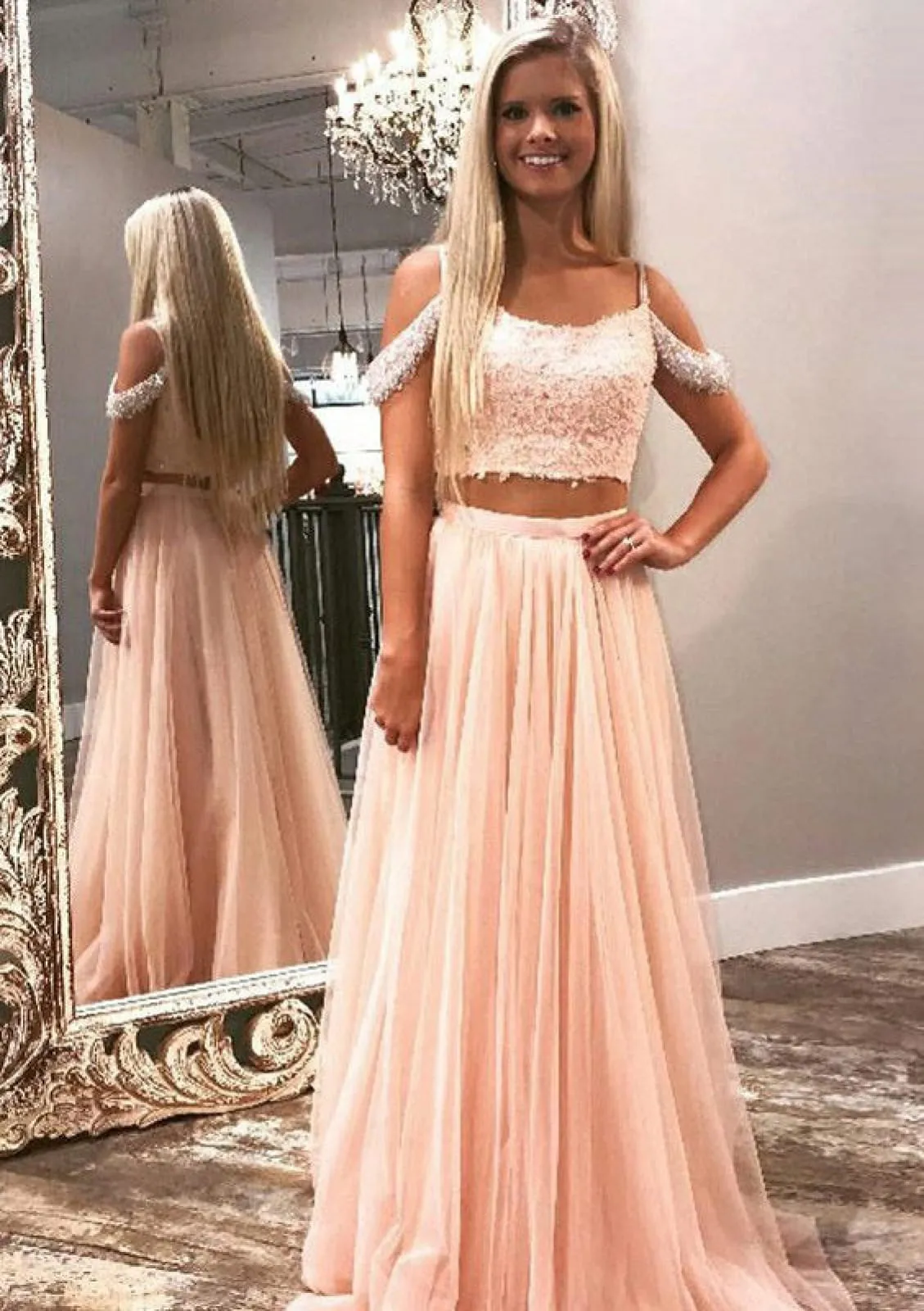 A-line Spaghetti Strap Off Shoulder Tulle Prom Two Piece Dress, Beaded