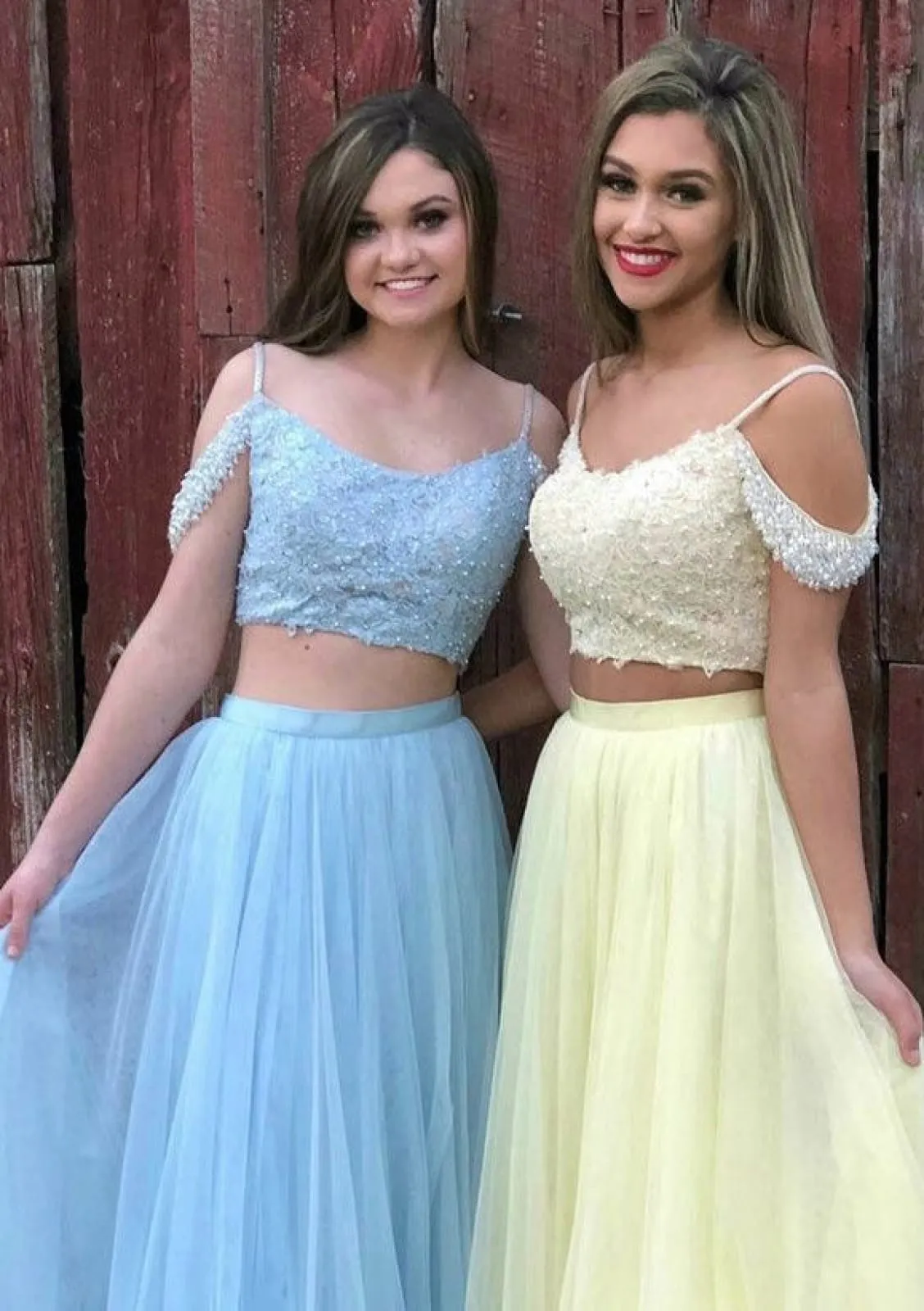 A-line Spaghetti Strap Off Shoulder Tulle Prom Two Piece Dress, Beaded