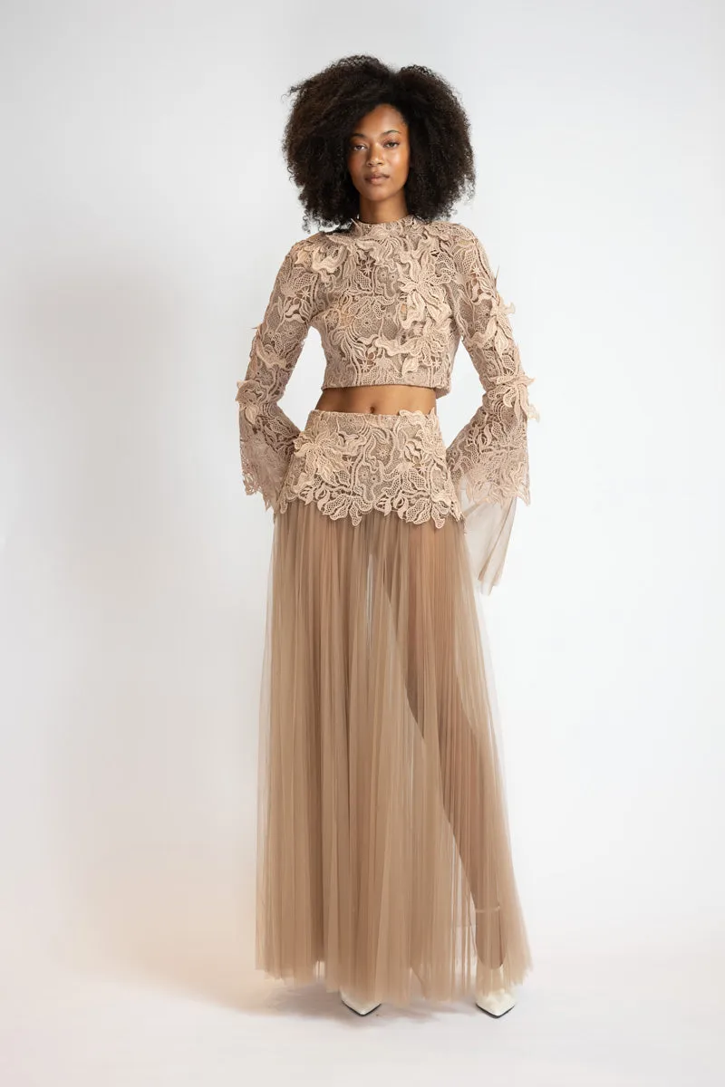 Almond Nomad Lace Top with Bell Sleeves