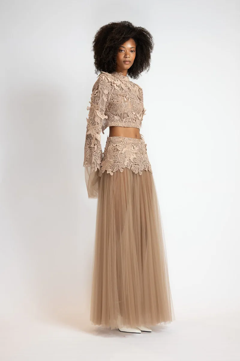 Almond Nomad Lace Top with Bell Sleeves