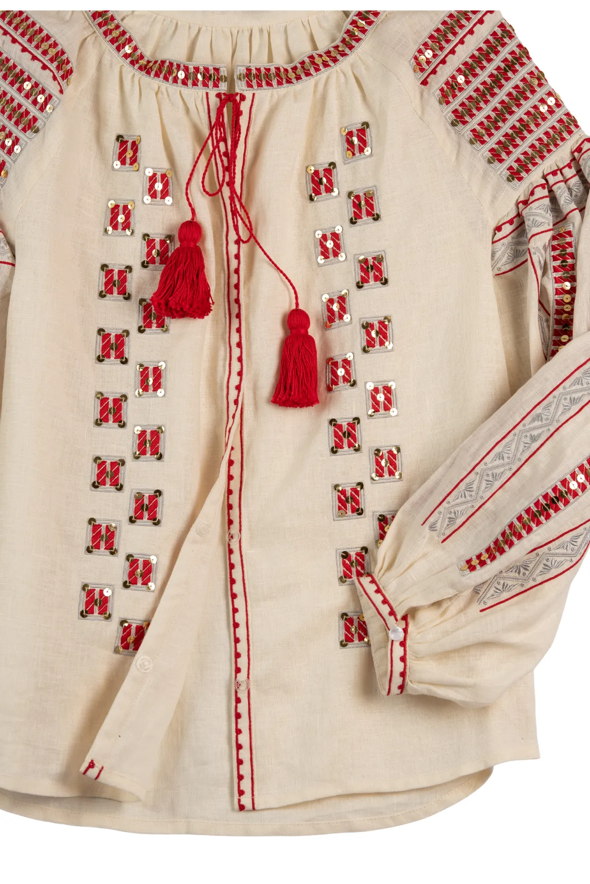 Anishka Embroidered Ukrainian Top - Ivory, Red, Silver