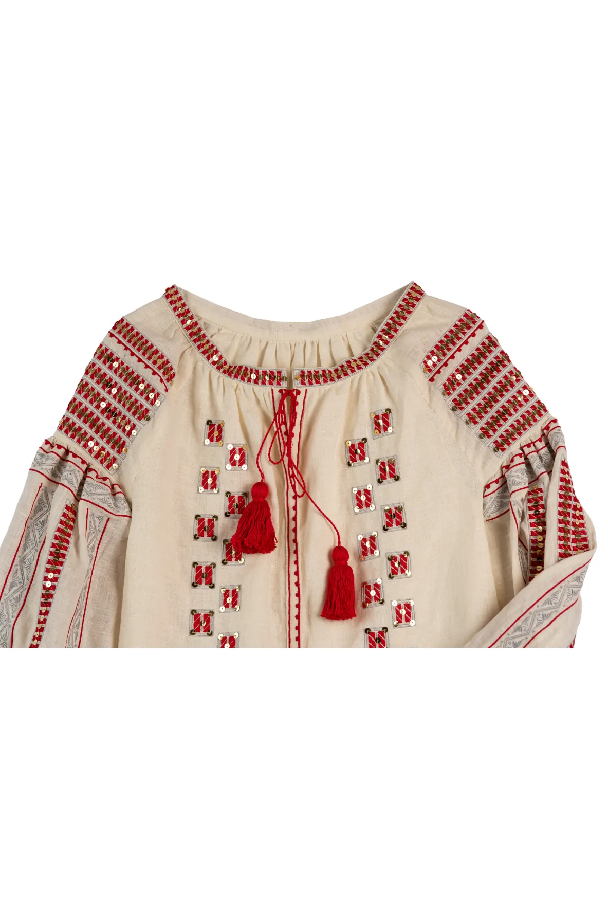 Anishka Embroidered Ukrainian Top - Ivory, Red, Silver