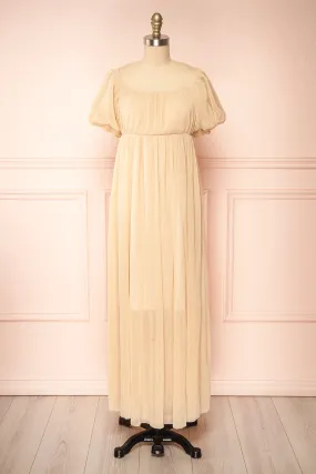 Araminta Beige | Pleated Beige Maxi Babydoll Dress