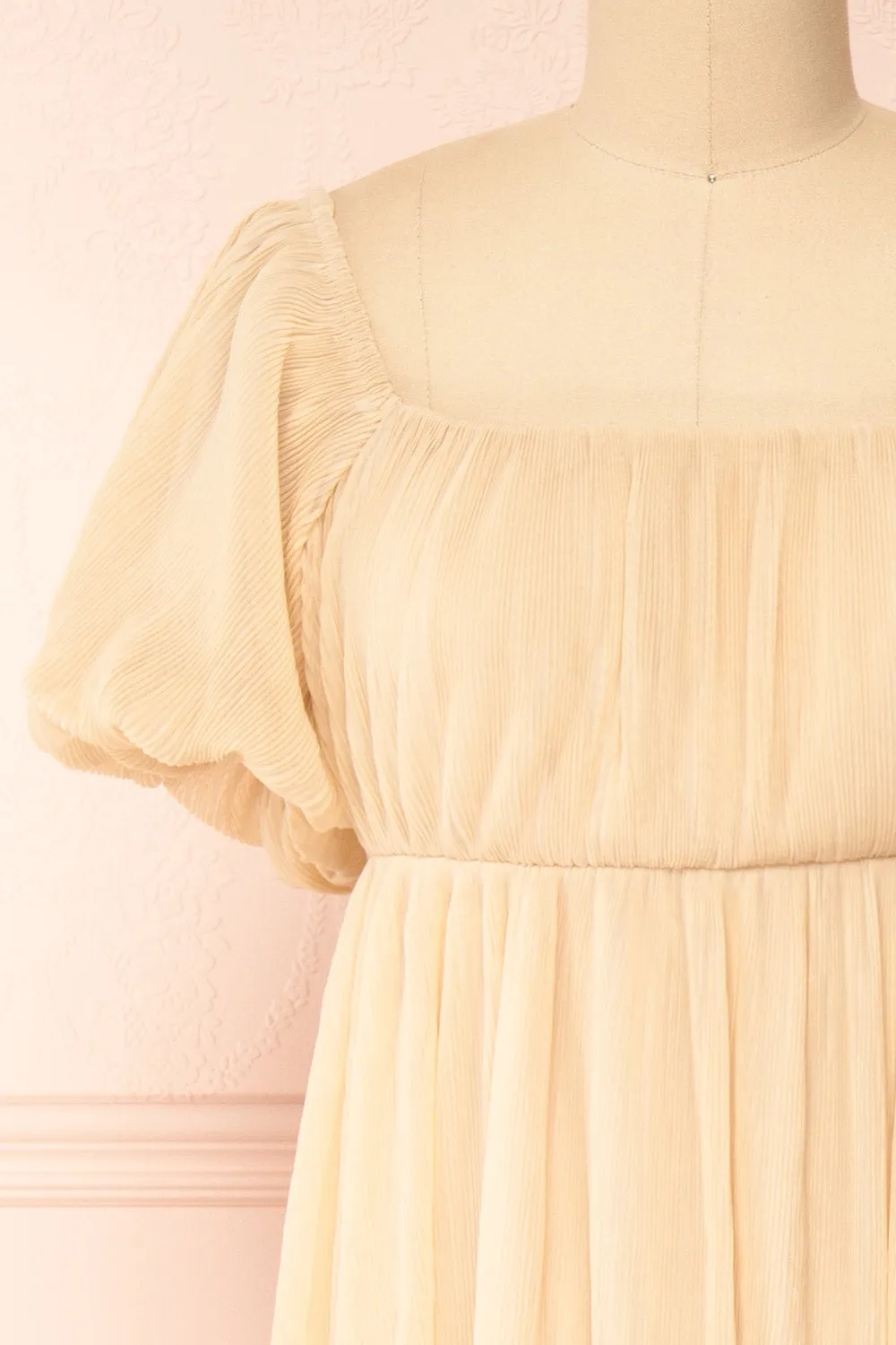 Araminta Beige | Pleated Beige Maxi Babydoll Dress