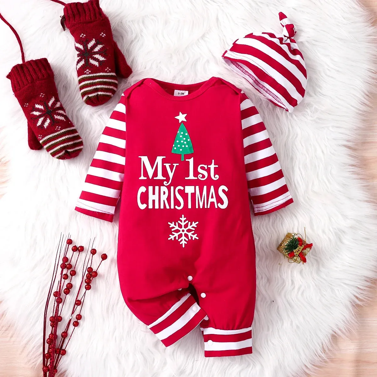 Baby Boys And Girls Christmas Day Style Monogram Print Panels Striped Long Sleeve Climbing Suit 0-18 Months Spring Autumn