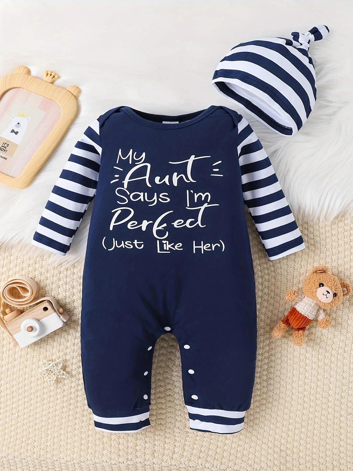 Baby Boys And Girls Christmas Day Style Monogram Print Panels Striped Long Sleeve Climbing Suit 0-18 Months Spring Autumn