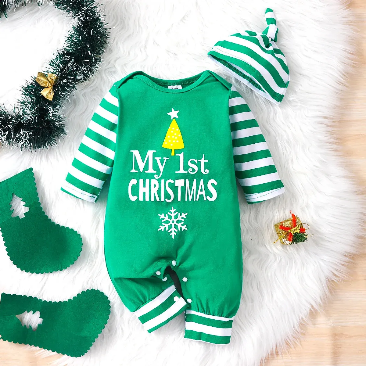 Baby Boys And Girls Christmas Day Style Monogram Print Panels Striped Long Sleeve Climbing Suit 0-18 Months Spring Autumn