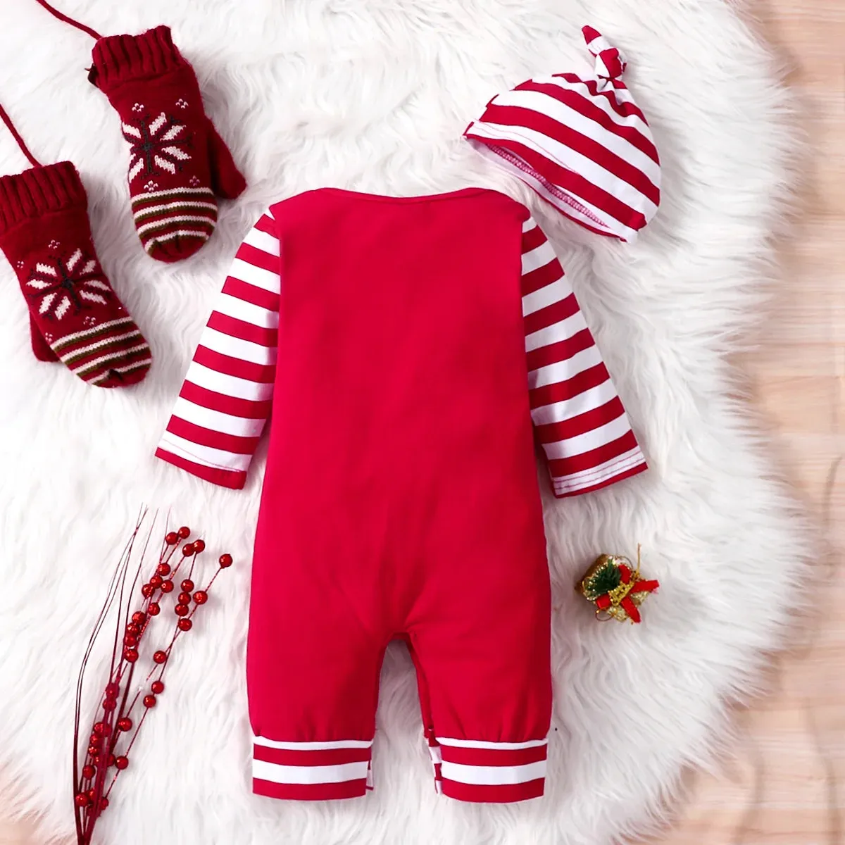 Baby Boys And Girls Christmas Day Style Monogram Print Panels Striped Long Sleeve Climbing Suit 0-18 Months Spring Autumn