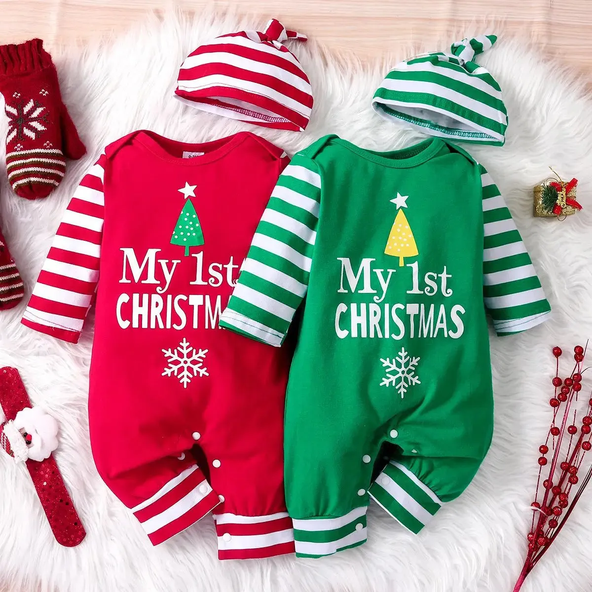 Baby Boys And Girls Christmas Day Style Monogram Print Panels Striped Long Sleeve Climbing Suit 0-18 Months Spring Autumn