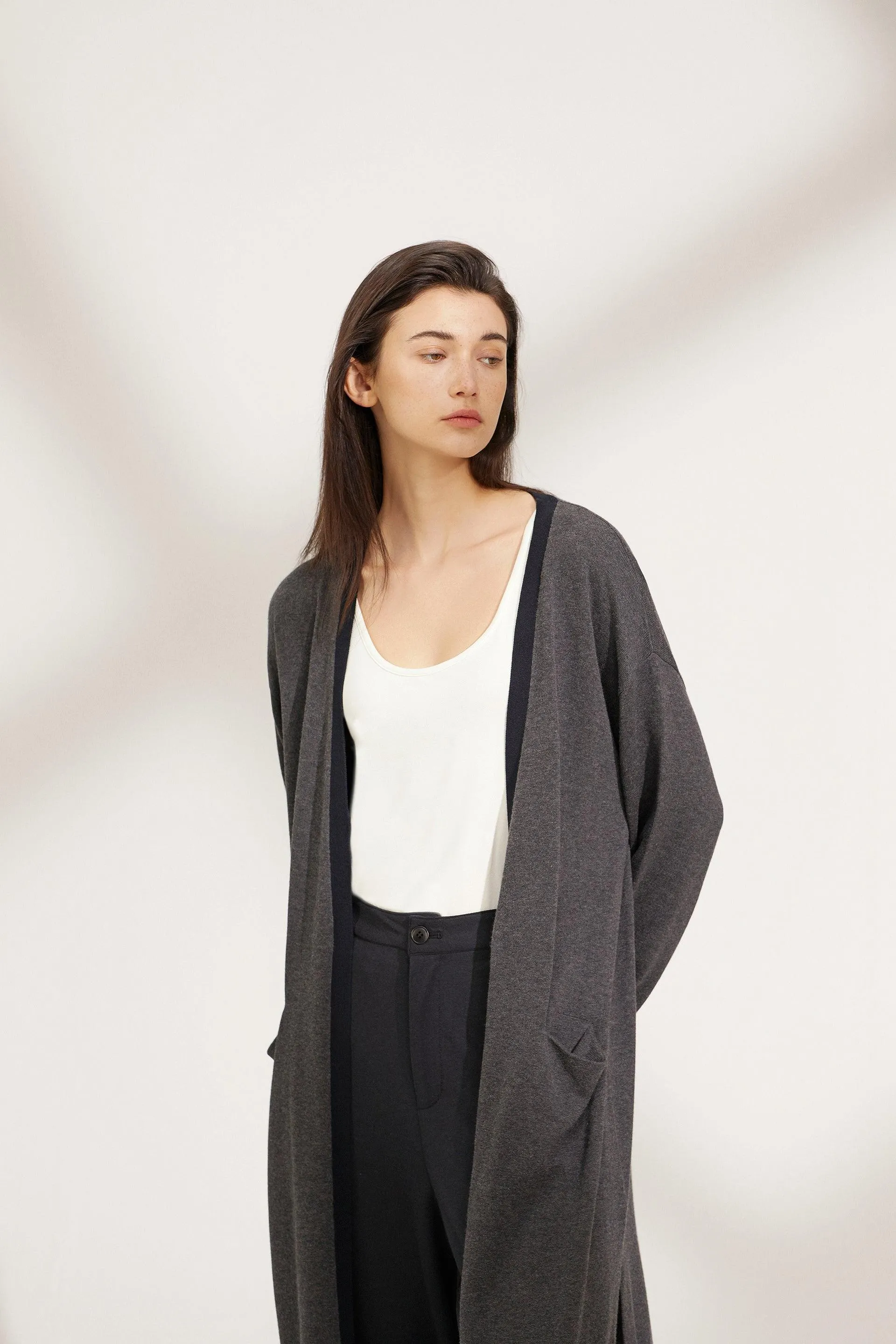 Bamboo Long length Contrast Trim Cardigan