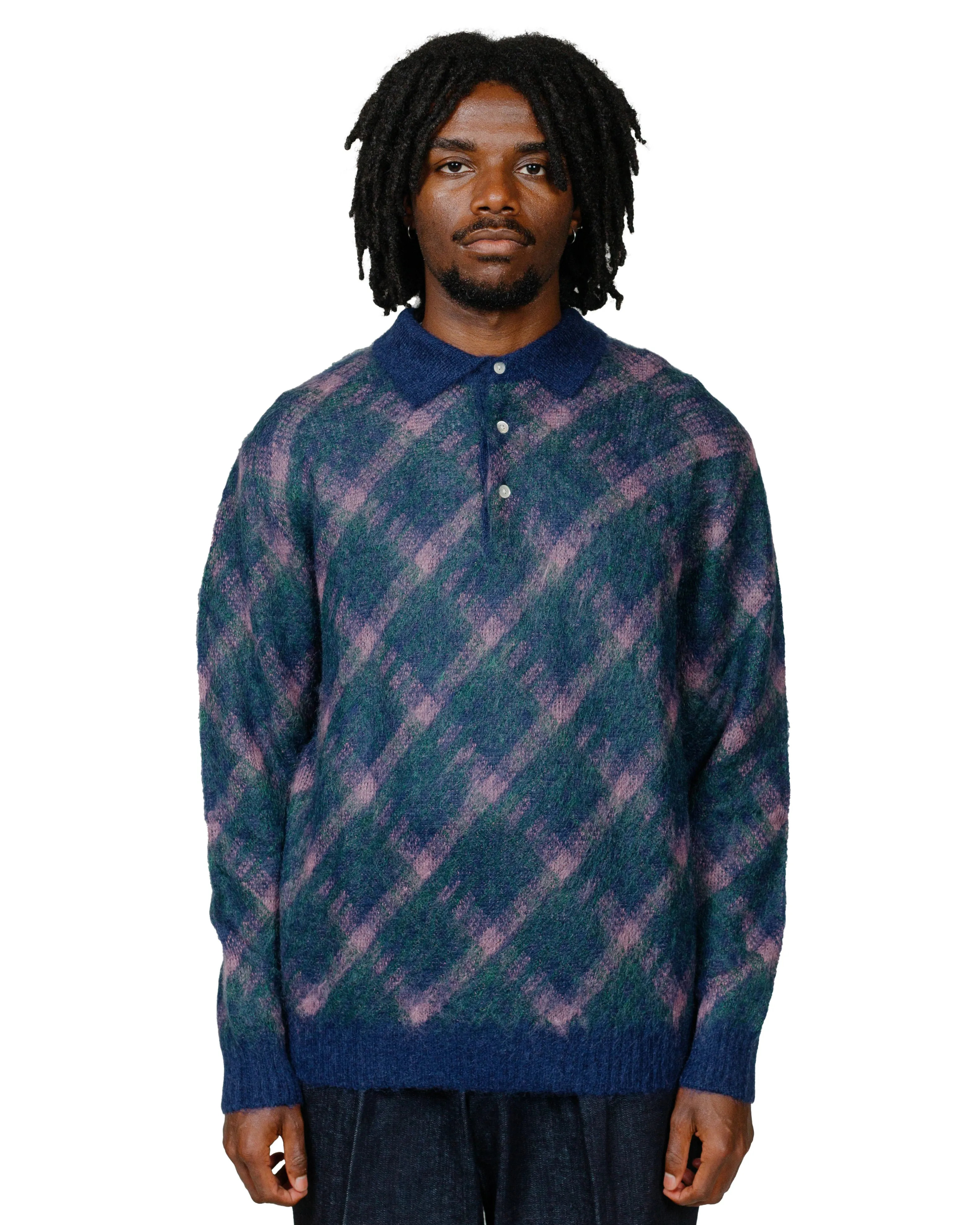 Beams Plus Knit Polo Plaid Navy