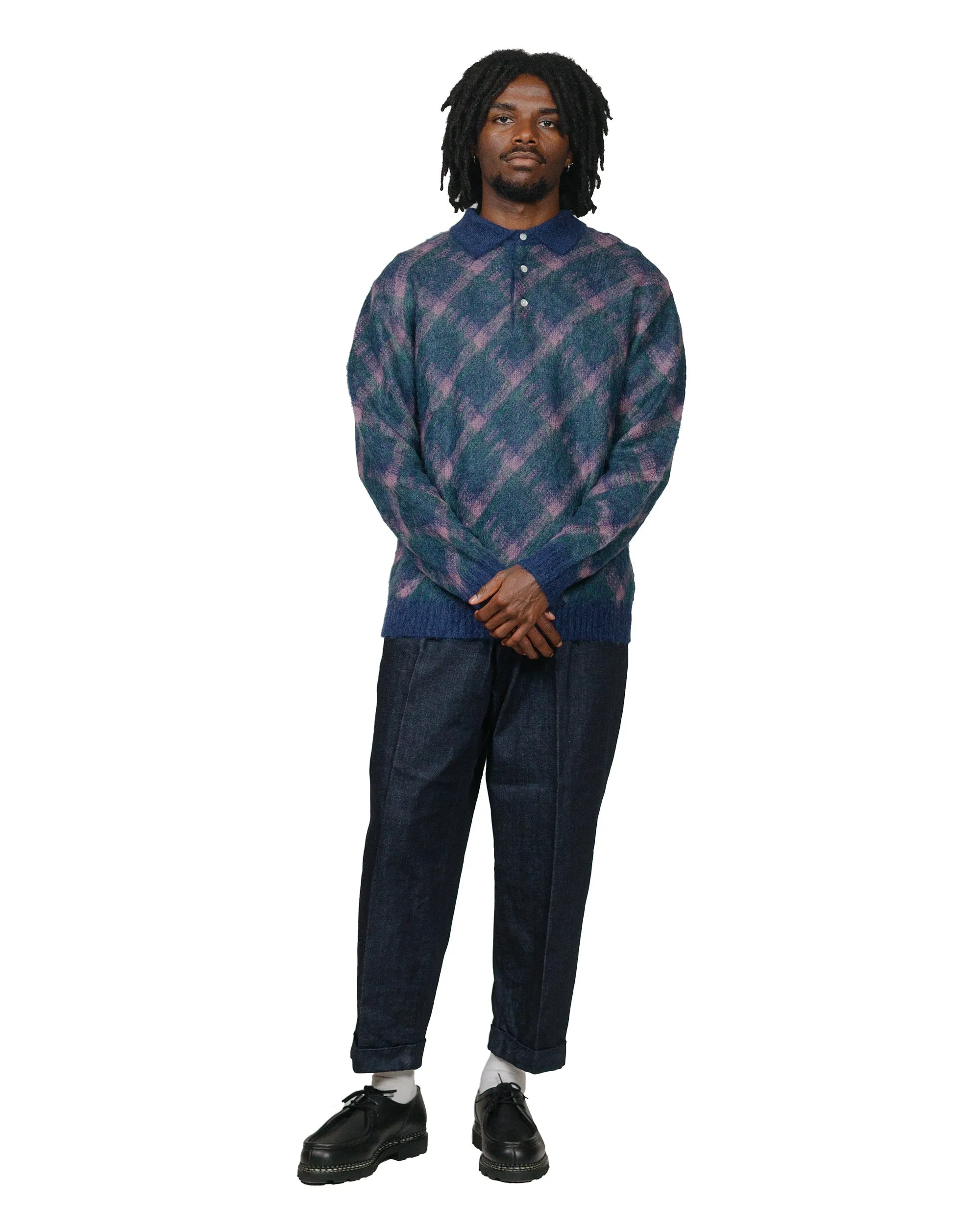 Beams Plus Knit Polo Plaid Navy