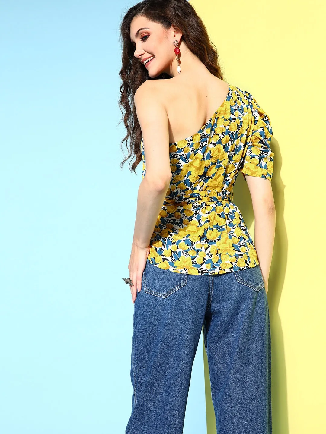 Berrylush Women Bright Yellow & Blue Floral Printed One-Shoulder Neck Tie-Up Waist Peplum Top