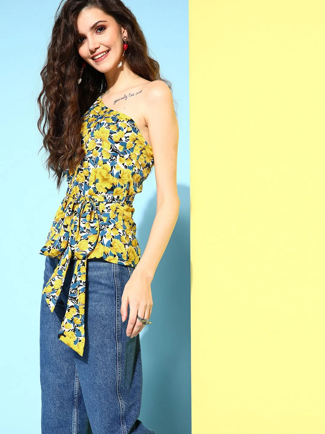 Berrylush Women Bright Yellow & Blue Floral Printed One-Shoulder Neck Tie-Up Waist Peplum Top