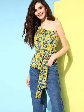 Berrylush Women Bright Yellow & Blue Floral Printed One-Shoulder Neck Tie-Up Waist Peplum Top