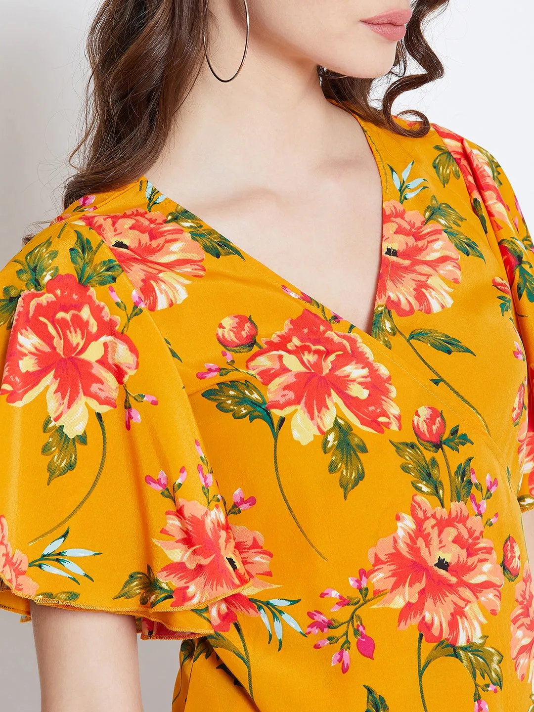 Berrylush Women Mustard Yellow & Pink Floral Printed V-Neck Waist Tie-Up Wrap Top