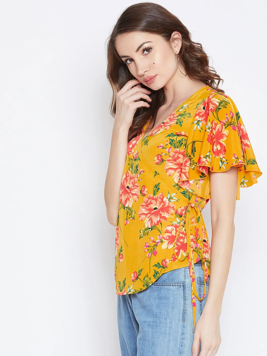 Berrylush Women Mustard Yellow & Pink Floral Printed V-Neck Waist Tie-Up Wrap Top