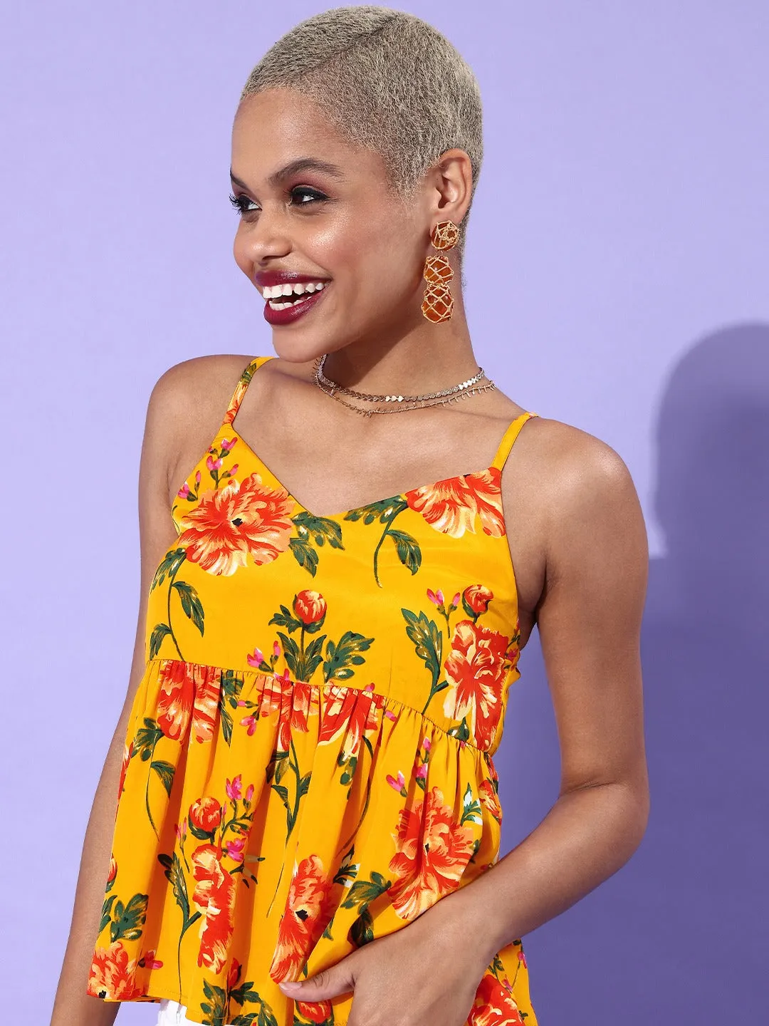 Berrylush Women Yellow Floral Printed Crepe Peplum Top