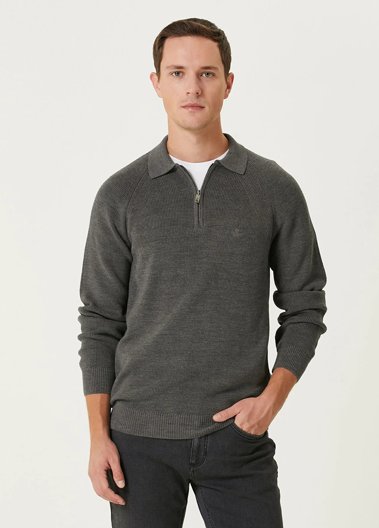 Beymen Club Men Wool Polo Sweater Grey Melange