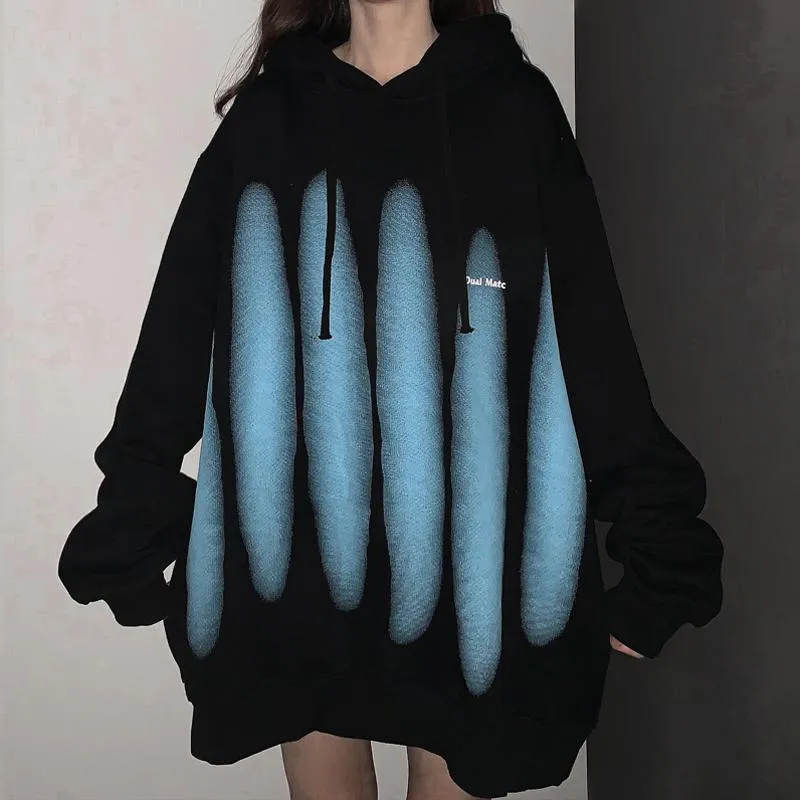 Black Blue Oversized Plus Velvet Hooded Sweatshirt