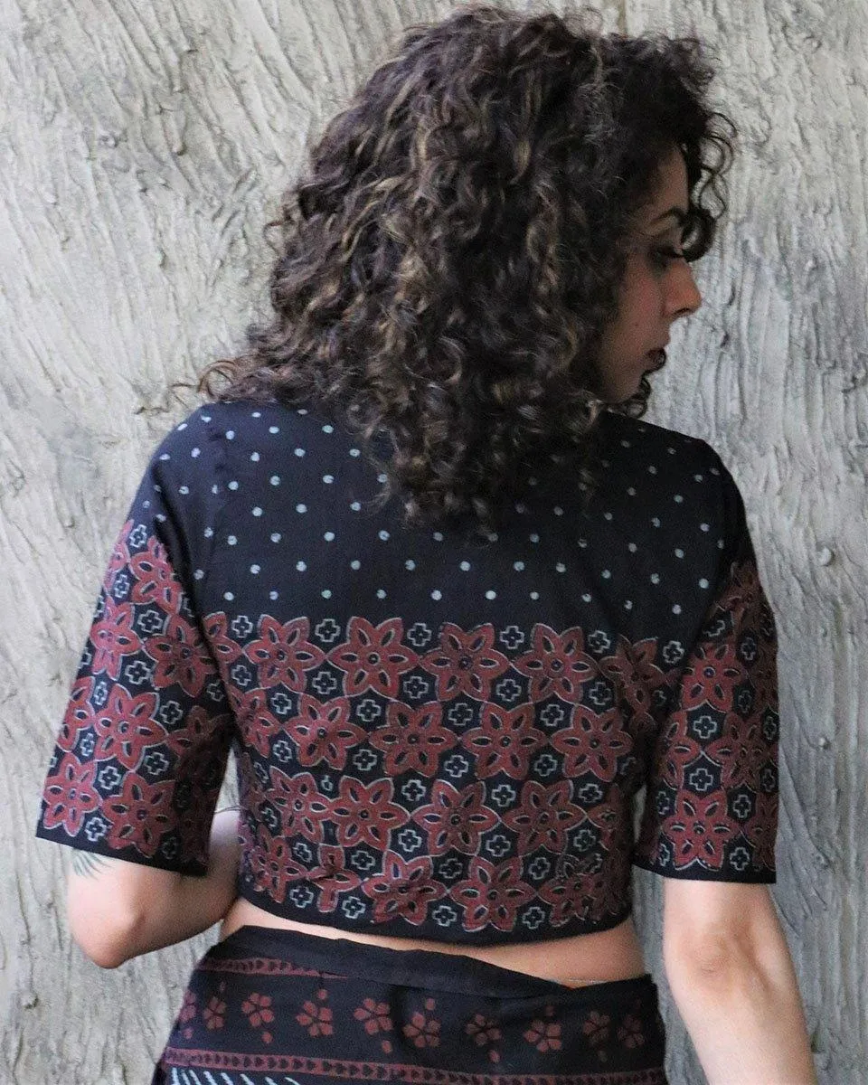 Black Kohl Blockprinted Crop Top Cotton Blouse