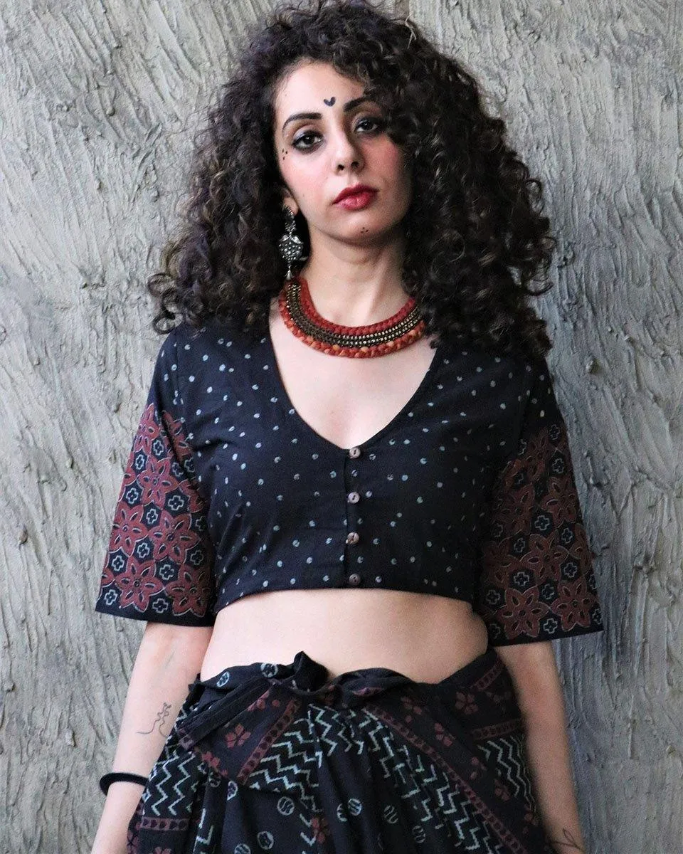 Black Kohl Blockprinted Crop Top Cotton Blouse