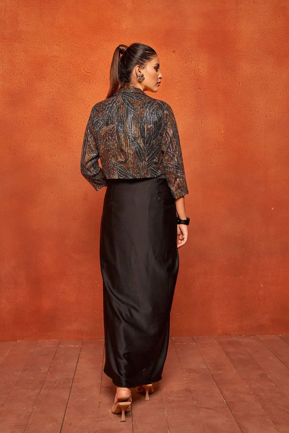 Black Leaf Print Dhoti Skirt Shrug Co-ord Set