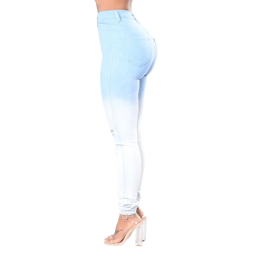 Blue and white gradient ripped jeans