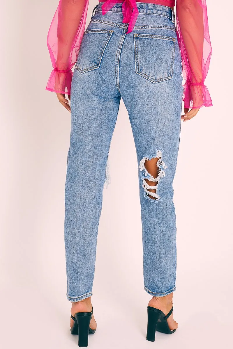 Blue Denim Back Leg Ripped Mom Jeans - Lujane