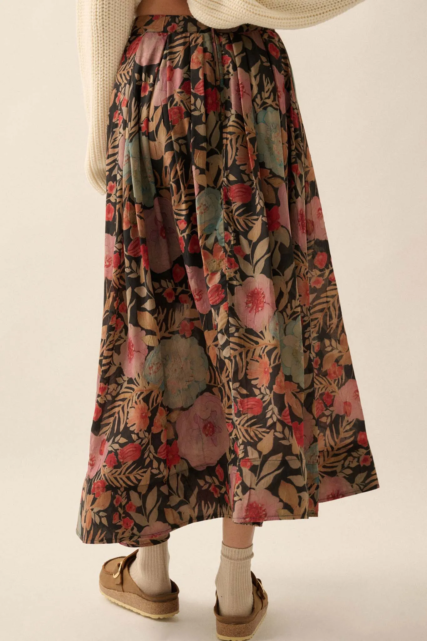 Boho Garden Pleated Floral Maxi Circle Skirt