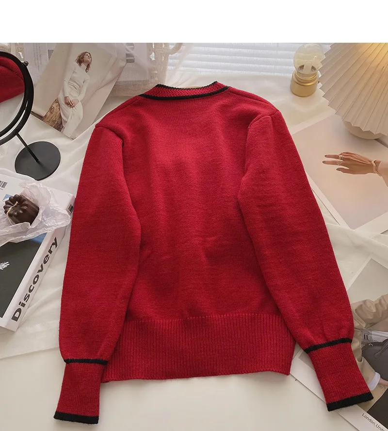 Bow V-neck Vintage sweater cardigan long sleeve top  6199