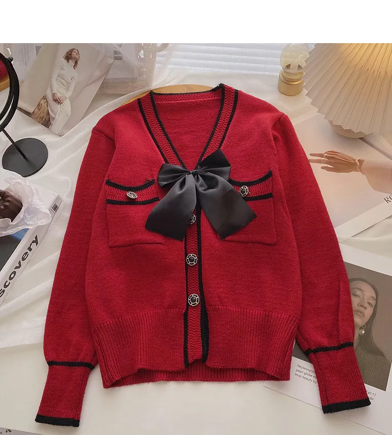 Bow V-neck Vintage sweater cardigan long sleeve top  6199