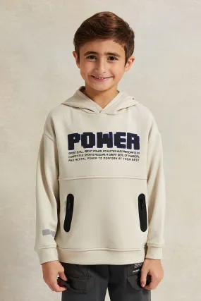 Boys Beige Hooded  Zip Pocket Sweatshirt