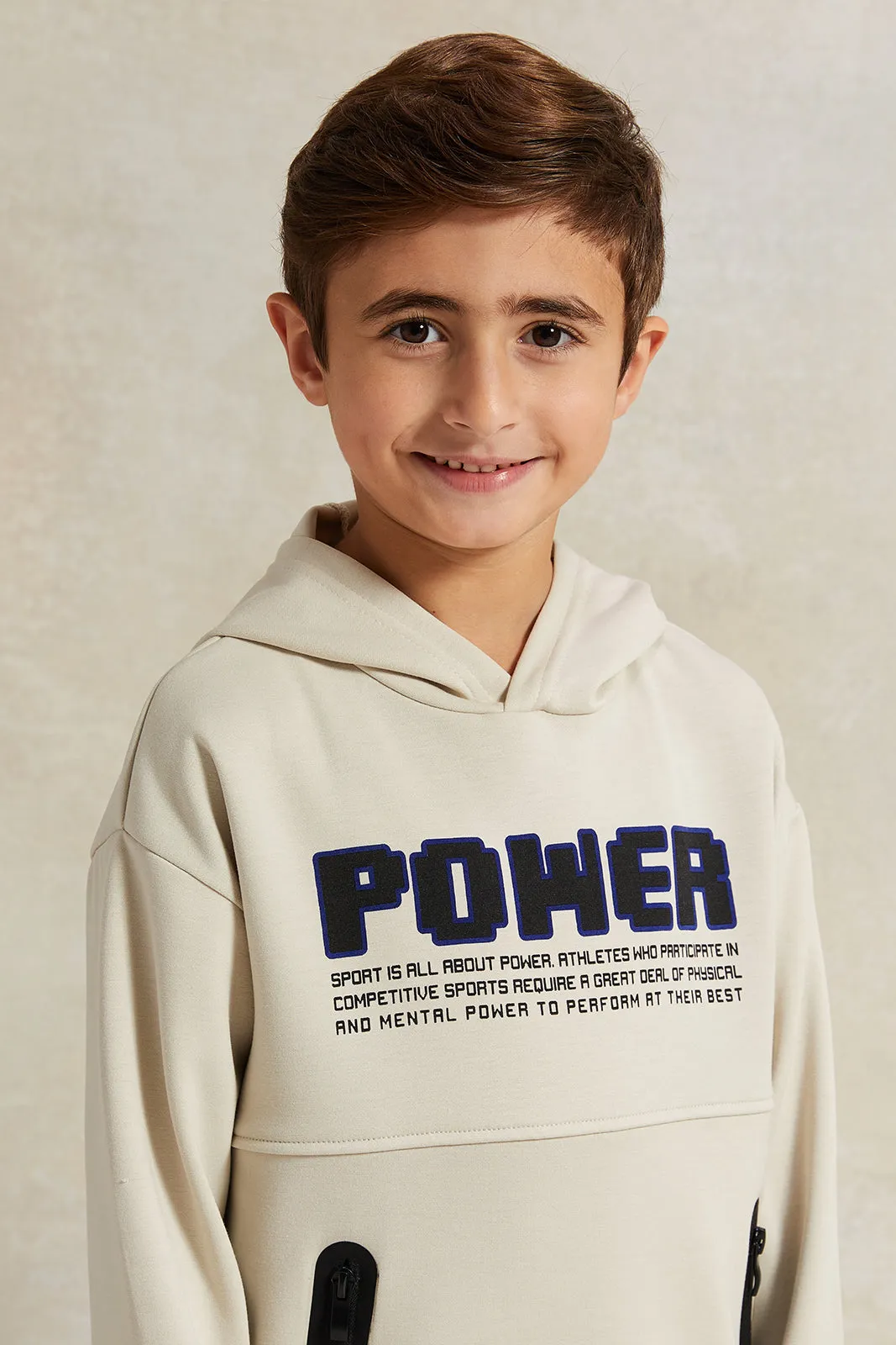 Boys Beige Hooded  Zip Pocket Sweatshirt