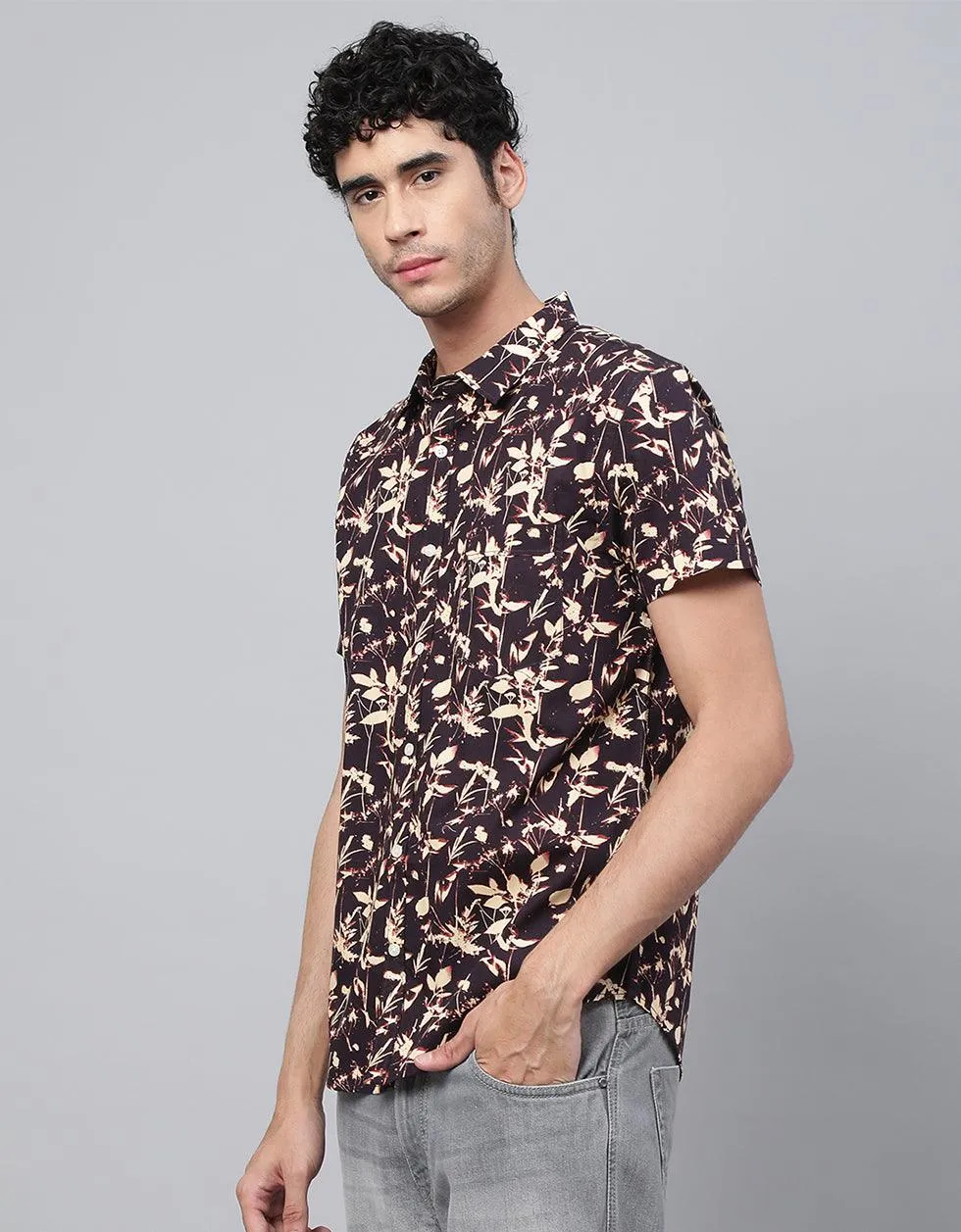 Brown Floral Printed Casual Shirt