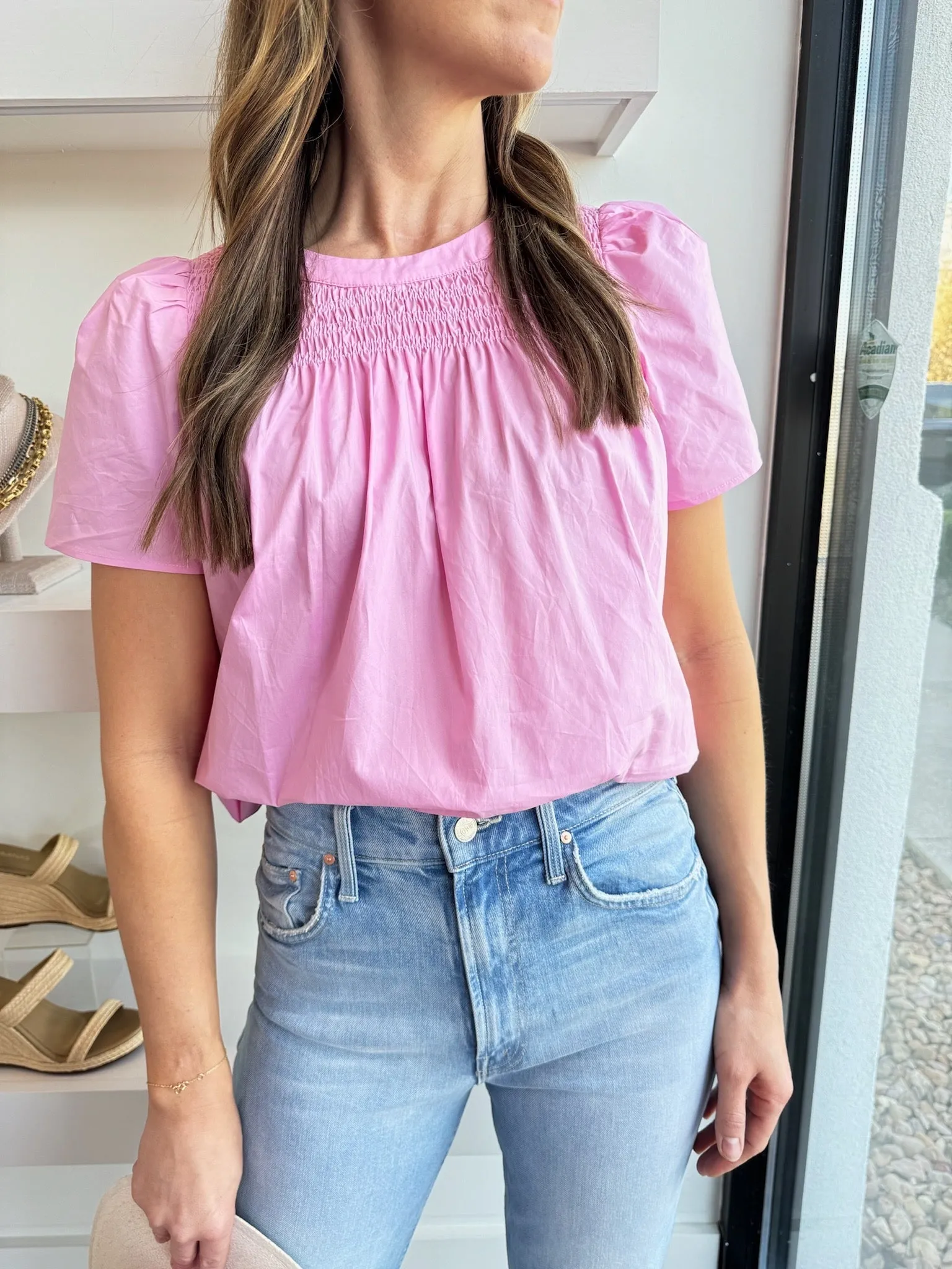 Bubblegum Pink Enata Smocked Poplin Top