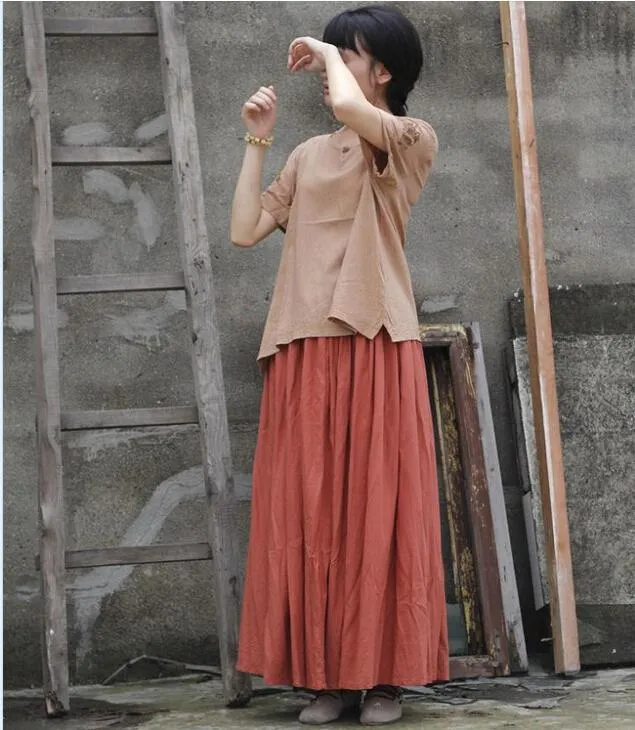 Burned Orange Pleated Cotton Skirt