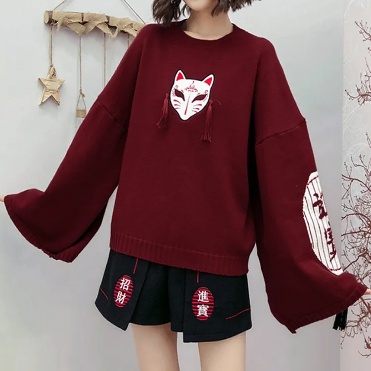 Cartoon Fox Embroidery Tassels Letter Pullover Sweater