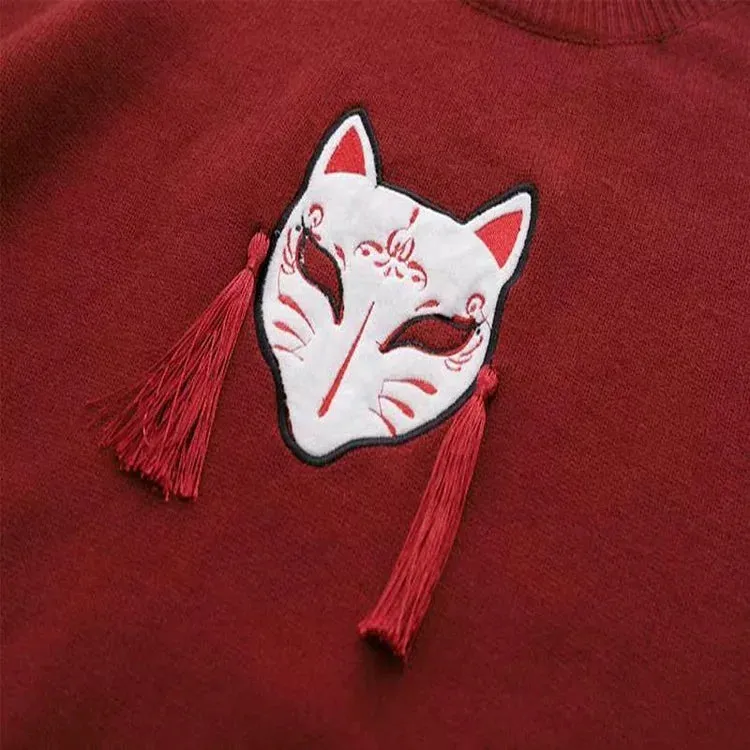 Cartoon Fox Embroidery Tassels Letter Pullover Sweater