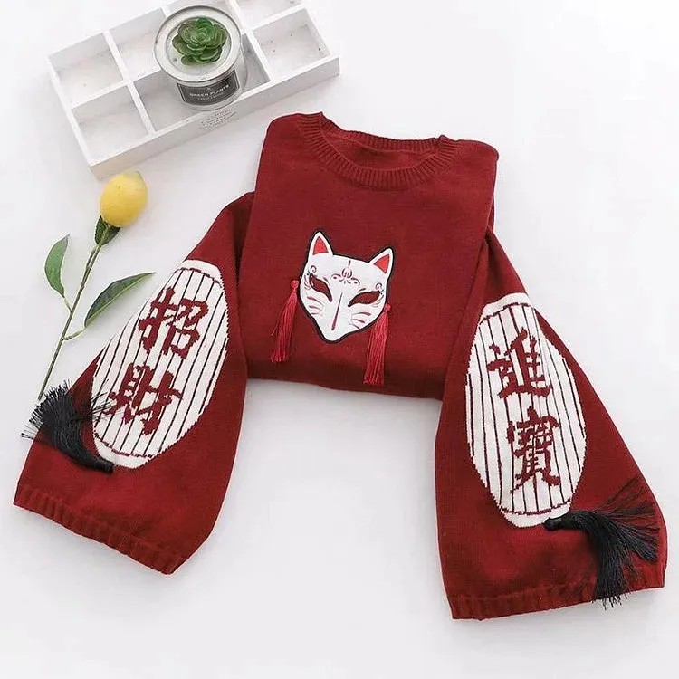 Cartoon Fox Embroidery Tassels Letter Pullover Sweater