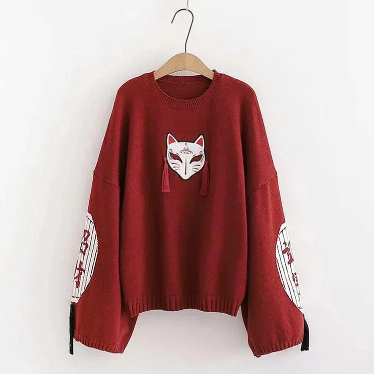 Cartoon Fox Embroidery Tassels Letter Pullover Sweater