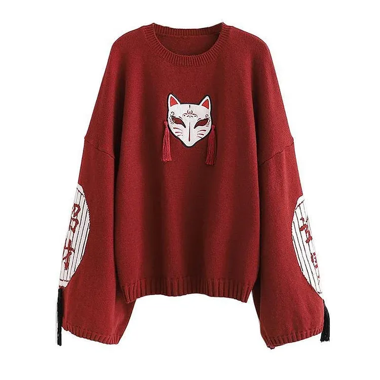 Cartoon Fox Embroidery Tassels Letter Pullover Sweater