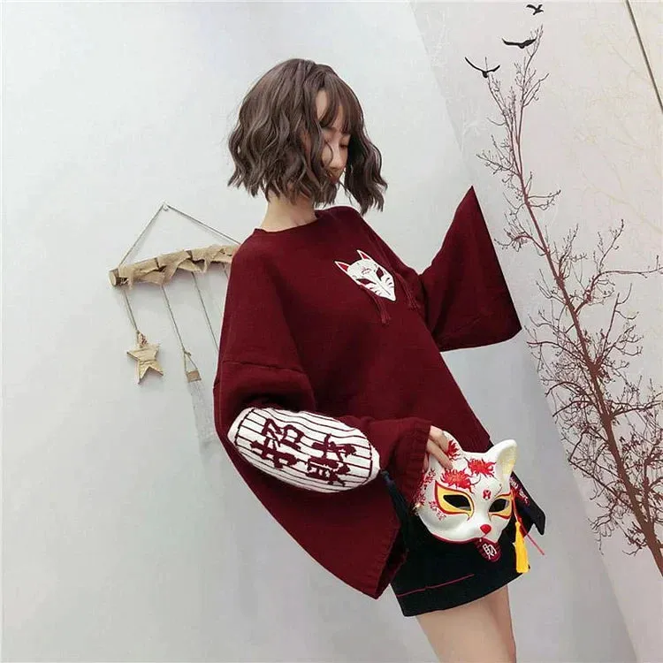 Cartoon Fox Embroidery Tassels Letter Pullover Sweater