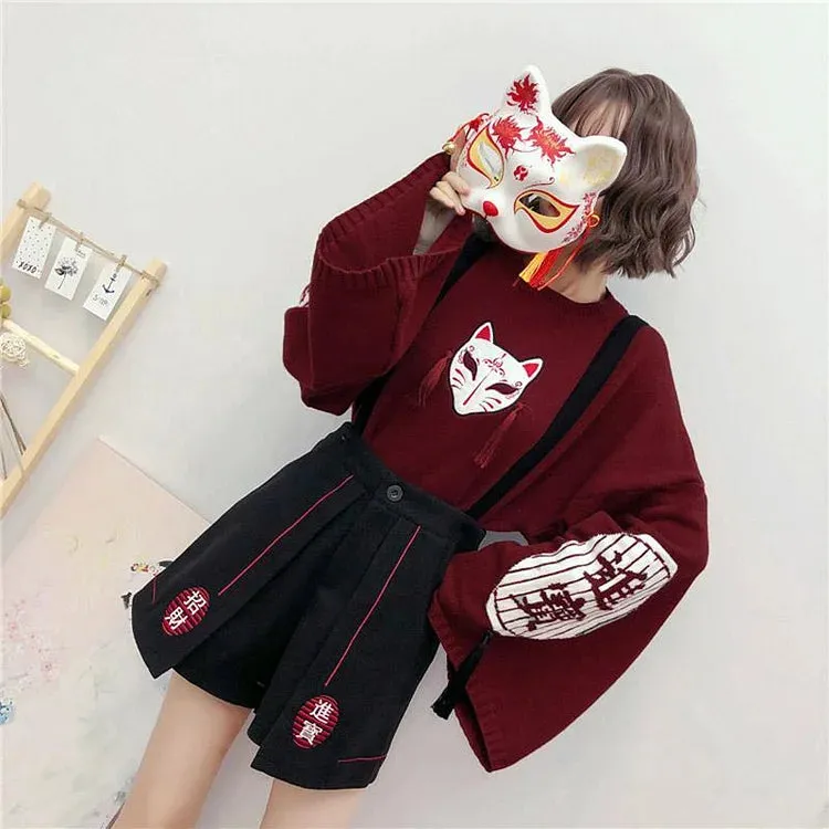 Cartoon Fox Embroidery Tassels Letter Pullover Sweater