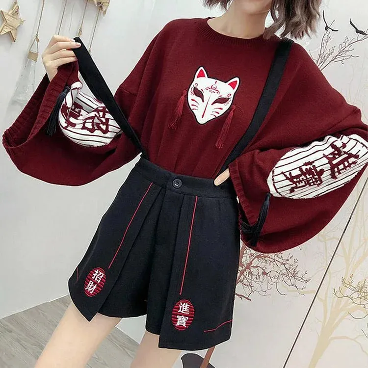 Cartoon Fox Embroidery Tassels Letter Pullover Sweater